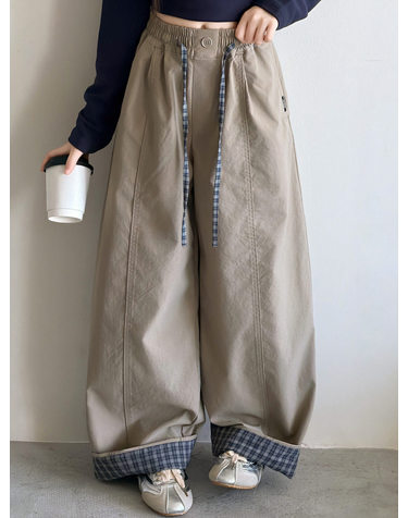 체크 롤업 배럴 와이드 팬츠 R27896