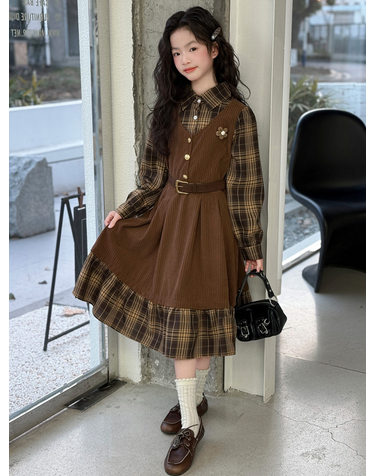 체크 셔츠 레이어드 브라운 원피스 R28031