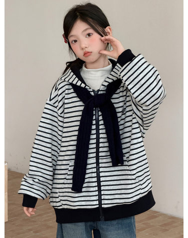 니트 숄 레이어드 스트라이프 후드 집업 R27792