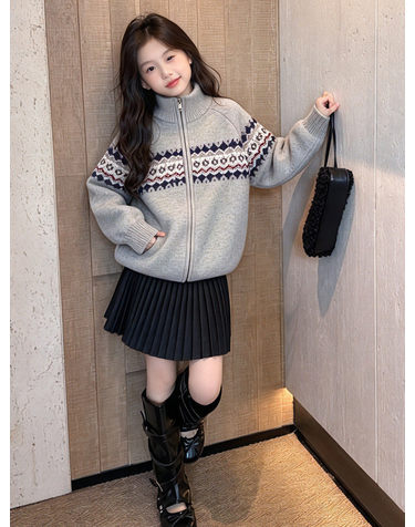 노르딕 자카드 하이넥 니트 집업 R27528