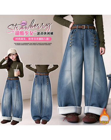벨트 포인트 기모 배럴 데님 R28368