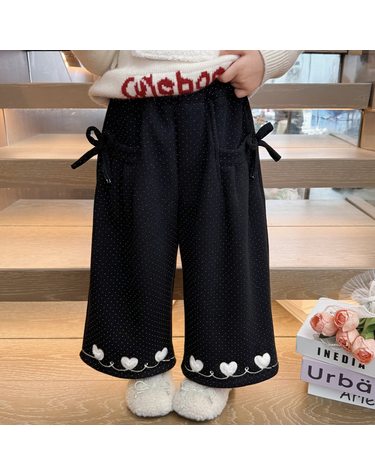 하트 자수 밑단 기모 와이드 팬츠 R28459