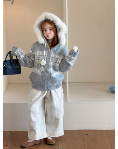 노르딕 패턴 퍼 후드 니트 자켓 R28547