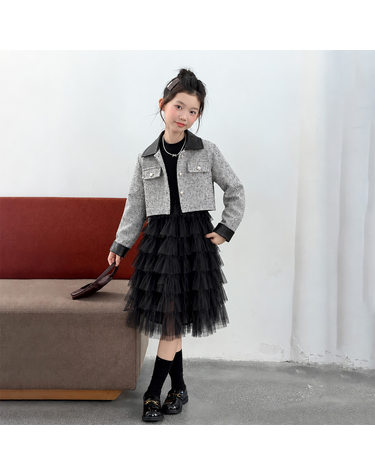 레더카라 크롭 자켓 캉캉 드레스 셋업 R28655