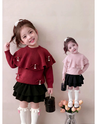 리본 케이프 니트 프릴 스커트 3종 셋업 R28657