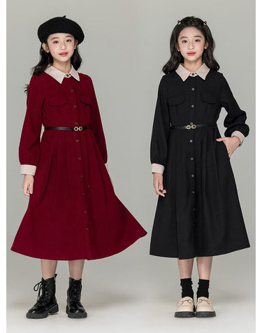 배색카라 벨티드 롱 원피스 R28948