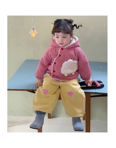 깅엄 양털 패치 후드 패딩 셋업 R29412