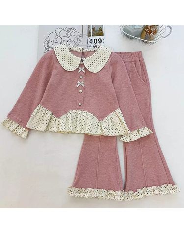 도트 칼라 페플럼 상의 & 플레어 팬츠 세트 R30202