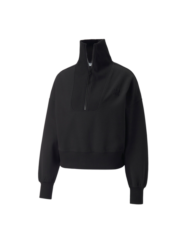 푸마 [푸마] 여성용 인퓨즈 더블 니트 하프집 스웨트셔츠 INFUSE DOUBLE KNIT HALF ZIP SWEATSHIRT 블랙_53564201 착용컷