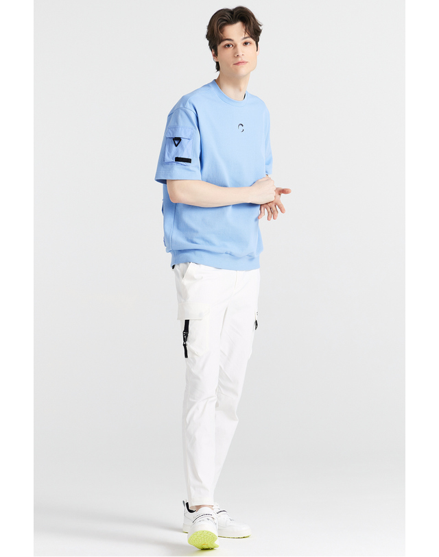 챌린저 PQ조직 소매포켓 라운드넥 남성 맨투맨 골프 반팔티셔츠 스카이블루 착용컷