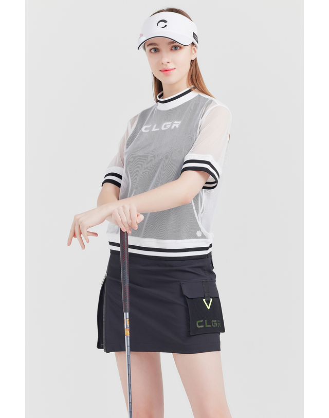 챌린저 CLGR 저지메쉬 이너 일체형 여성 골프 반팔티셔츠 블랙 착용컷