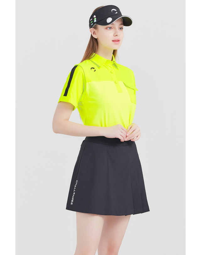 챌린저 PQ조직 우븐믹스 소매테잎 카라넥 여성 골프 반팔티셔츠 네온그린 착용컷