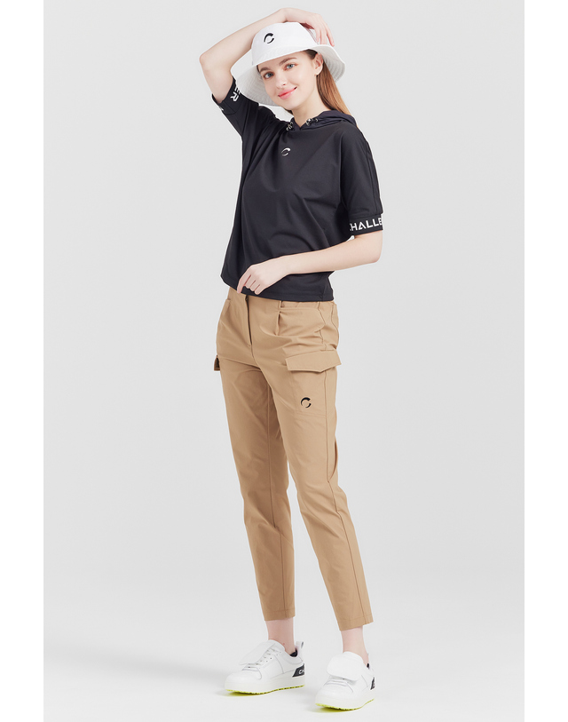 챌린저 소매 로고플레이 가오리핏 후디 여성 골프 반팔티셔츠 블랙 착용컷