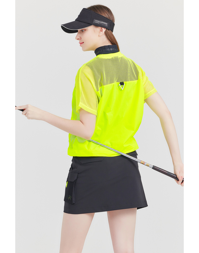 챌린저 상단 저지메쉬 라운드넥 여성 골프 반팔티셔츠 네온그린 착용컷