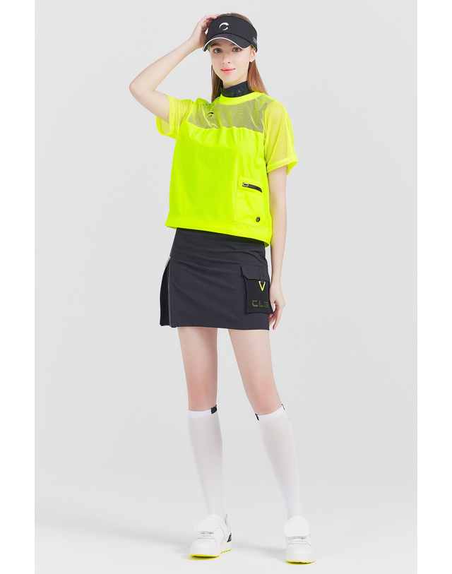챌린저 상단 저지메쉬 라운드넥 여성 골프 반팔티셔츠 네온그린 착용컷