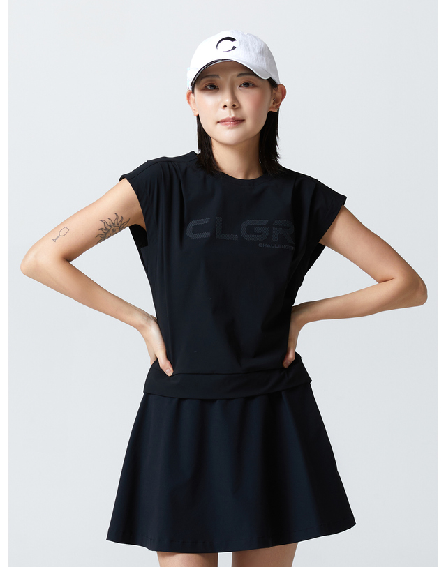챌린저 여성 핀턱 민소매 골프 티셔츠 블랙 착용컷