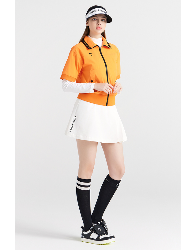 챌린저 나일론스판 앞포켓 숏기장 여성 골프 반팔 바람막이 오렌지 착용컷