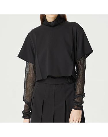 [컴젠] 여성 하이넥 플리츠 시스루 블라우스 BLACK