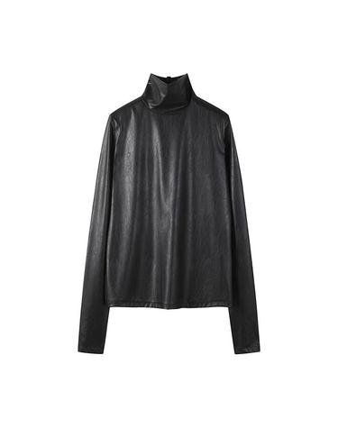 [컴젠] 여성 하이넥 에코레더 블라우스 BLACK