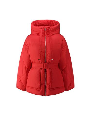 [컴젠] 여성 볼륨 후드 벨티드 다운 RED