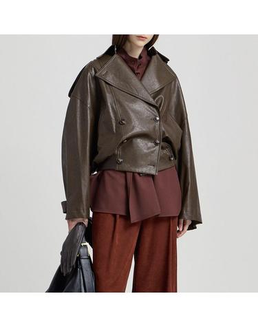 [컴젠] 여성 오버사이즈 핏 인조가죽 블루종 KHAKI BROWN