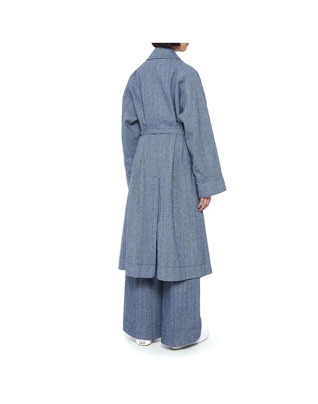 컴젠 [컴젠] 여성 미드나잇 블루 더블 브레스티드벨티드데님 코트 착용컷