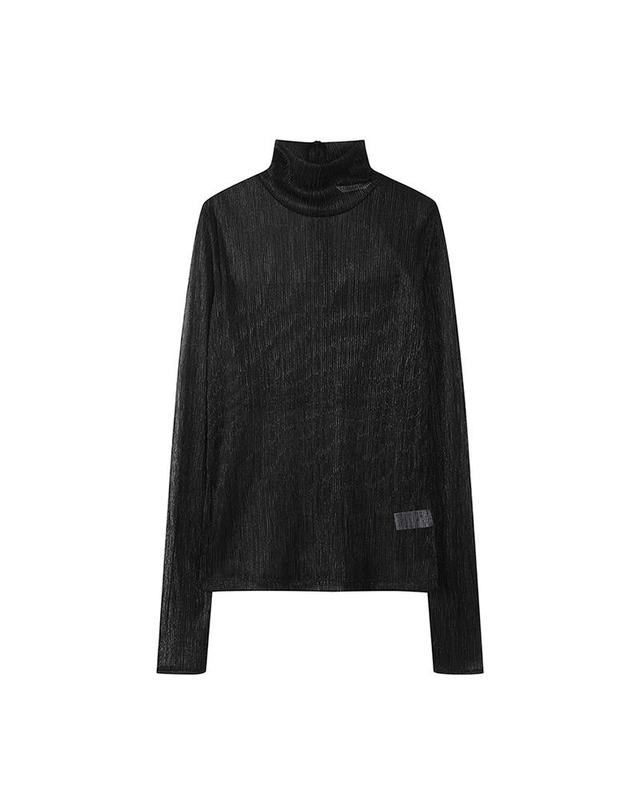 컴젠 [컴젠] 여성 하이넥 플리츠 시스루 블라우스 BLACK 착용컷