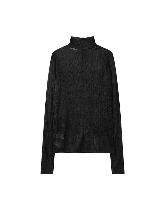 컴젠 [컴젠] 여성 하이넥 플리츠 시스루 블라우스 BLACK 착용컷