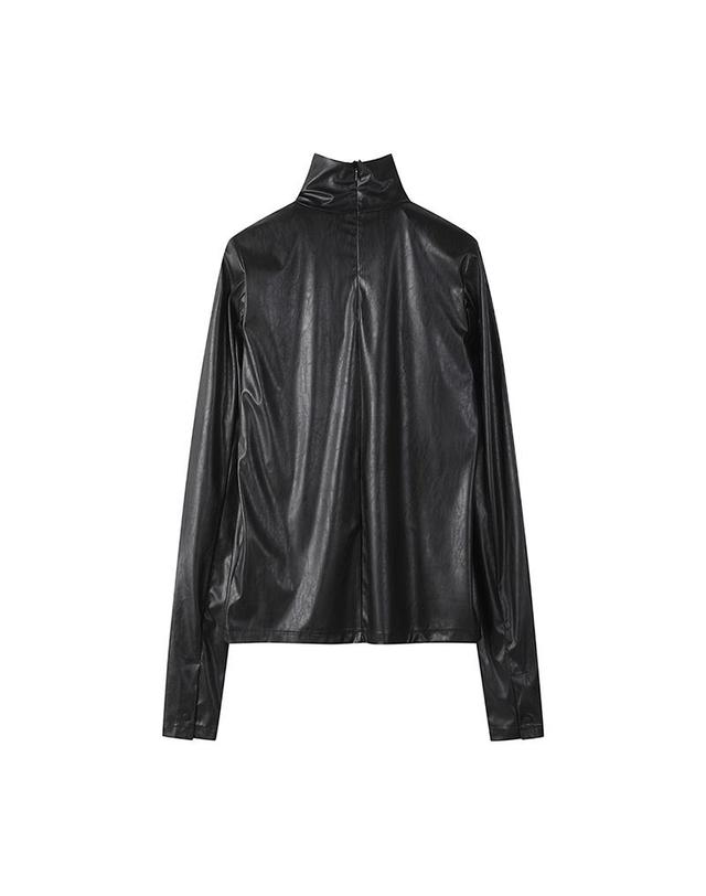 컴젠 [컴젠] 여성 하이넥 에코레더 블라우스 BLACK 착용컷