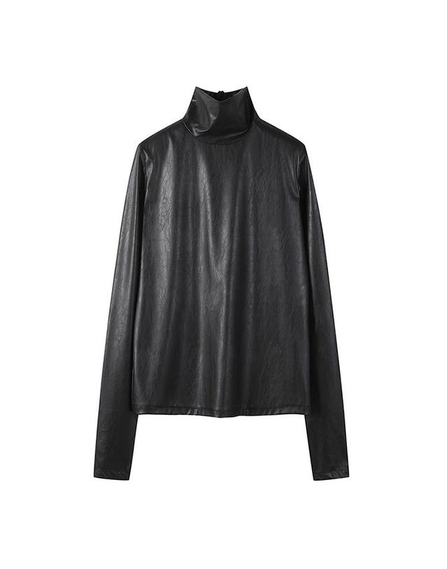 컴젠 [컴젠] 여성 하이넥 에코레더 블라우스 BLACK 착용컷