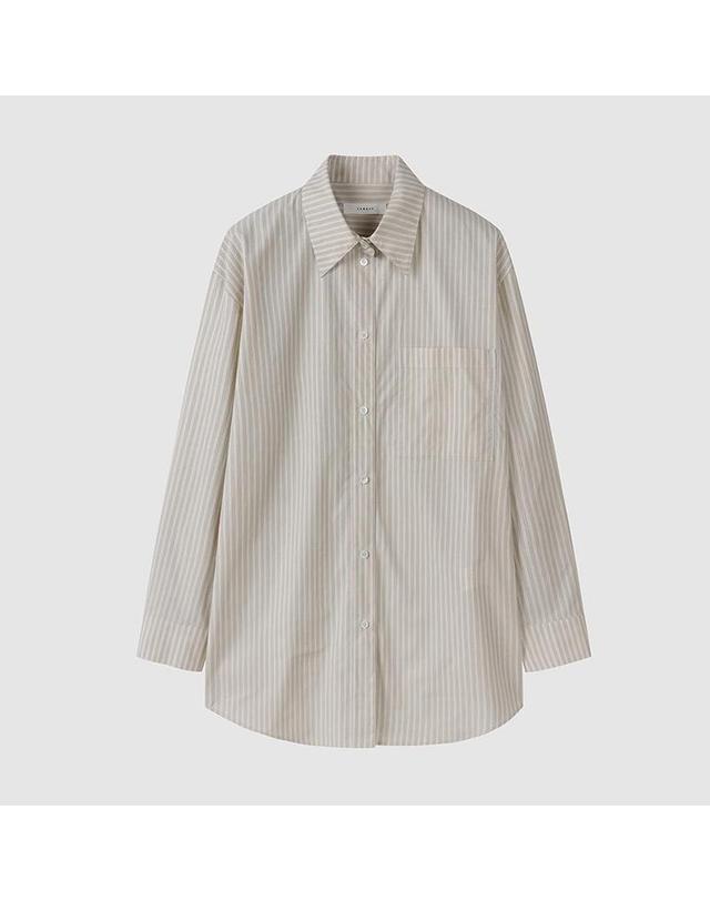 컴젠 [컴젠] 여성 클래식 오버핏 셔츠 BEIGE STRIPE 착용컷