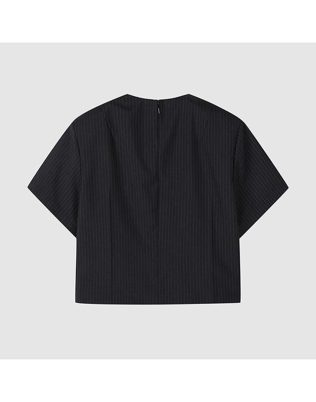 컴젠 [컴젠] 여성 반소매 백오픈 블라우스 BLACK STRIPE 착용컷