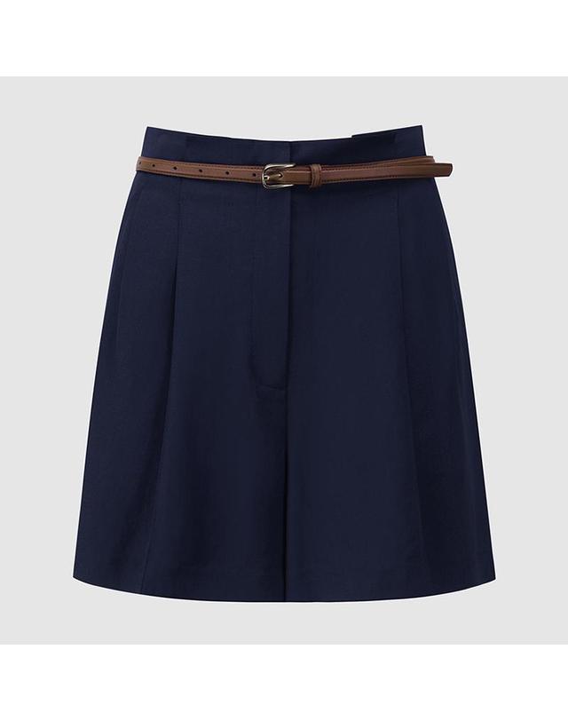컴젠 [컴젠] 여성 린넨블렌드 백밴딩 벨티드 숏츠 D NAVY 착용컷