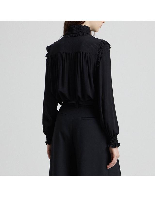 컴젠 [컴젠] 여성 스모킹 셔링 디테일 블라우스 BLACK 착용컷