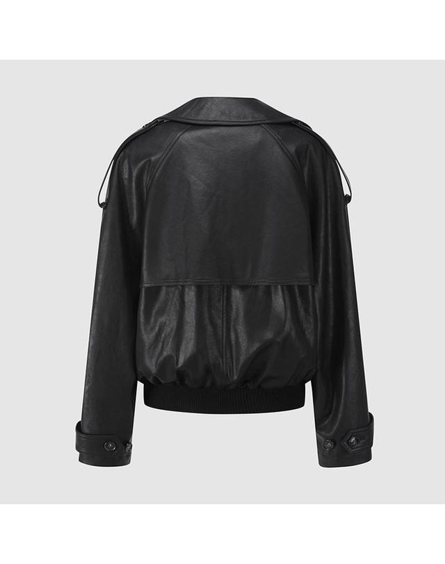컴젠 [컴젠] 여성 오버사이즈 핏 인조가죽 블루종 BLACK 착용컷
