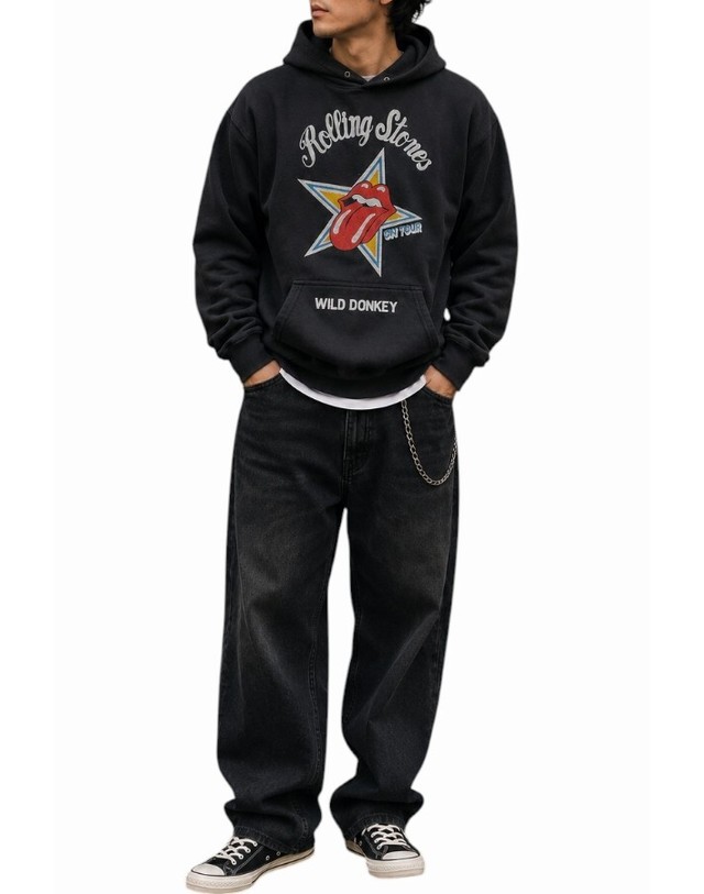 와일드 동키 와일드동키 26FW 롤링 스톤스 콜라보 후디 ROLLINGSTONES HOODIE FC01 710 BLACK 착용컷
