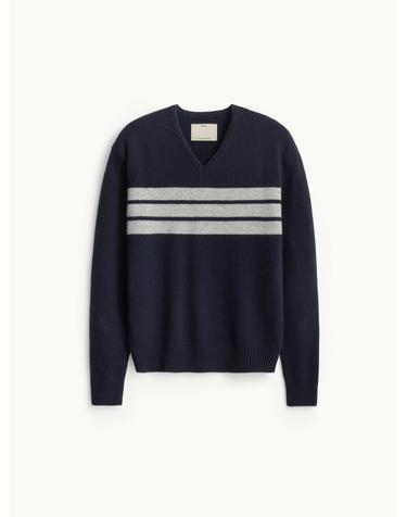 Cashmere V-neck Stripe Knit_Dark Navy