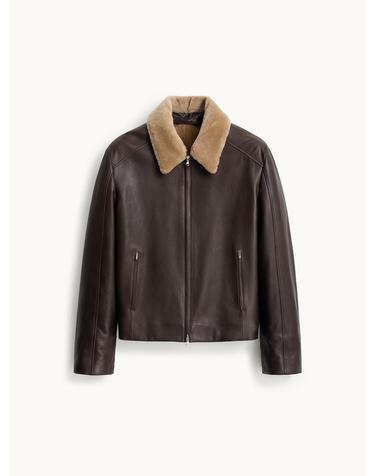 Shearling Collar Leather Jacket_Brown