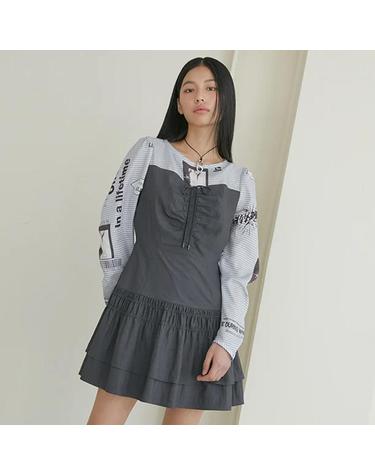 [에고이스트] [BLUE LABEL] 프린팅 소재 믹스 셔링 볼륨 원피스 (ER1WO260-T)