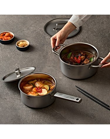 [Lemade] 르메이드 4세대 소스키퍼 무연마제 통5중 이유식 스테인리스 냄비 세트 (양수20cm+편수18cm)