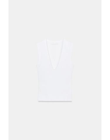 자라 슬림핏 브이넥 코튼 민소매 티셔츠 4174/301/250 WHITE