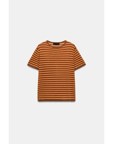 자라 스트라이프 라운드넥 반팔 니트 탑 4192/045/615 ORANGE