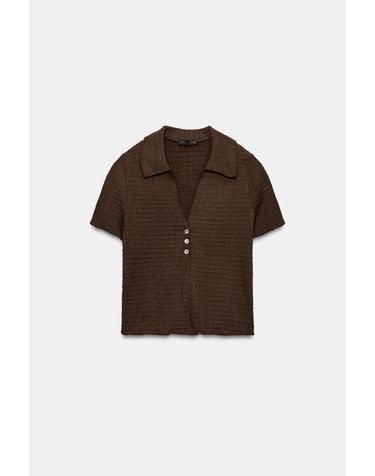 자라 텍스처 크롭 브이넥 반팔 재킷 5039/395/716 DARK BROWN