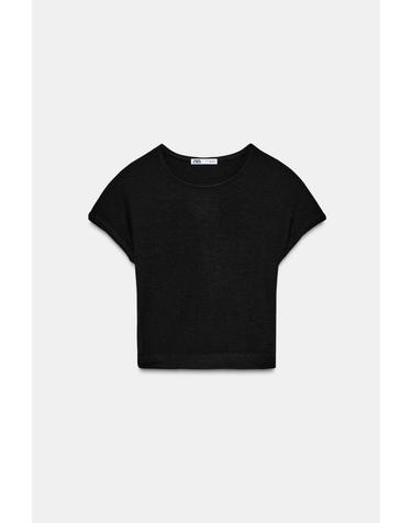 자라 크롭 슬림핏 라운드넥 반팔 티셔츠 블랙 3641/305/800 BLACK