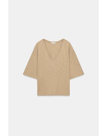 자라 오버사이즈 브이넥 반팔 티셔츠 0858/038/707 CAMEL