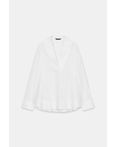 자라 린넨 혼방 브이넥 칼라 블라우스 4387/072/250 WHITE
