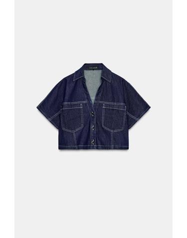 자라 포켓 브이넥 데님 크롭 반팔 셔츠 1416/034/407 BLUE