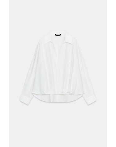 자라 린넨 블렌드 브이넥 퍼프헴 셔츠 3115/734/250 WHITE