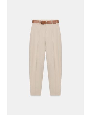 자라 린넨 혼방 플리츠 크롭 벨트 팬츠 2753/228/052 LIGHT BEIGE