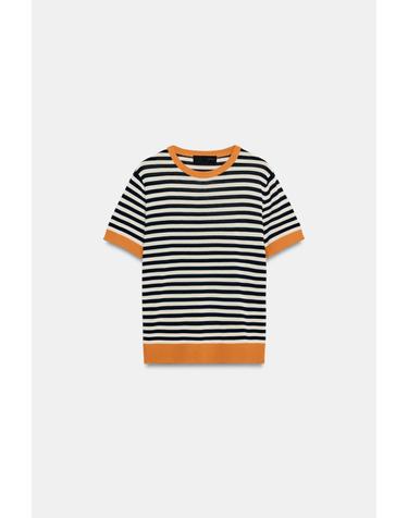자라 스트라이프 라운드넥 반팔 니트 탑 0244/003/048 WHITE-ORANGE